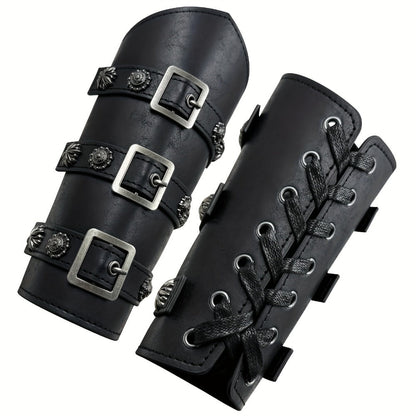 Viking Medieval Leather Arm Guards Bracers – PU Leather Knight Gauntlets Adjustable Metal Buckles Rivets for Men Women Halloween Cosplay LARP Renaissance Fair Stage Costume Dark Brown Khaki Black