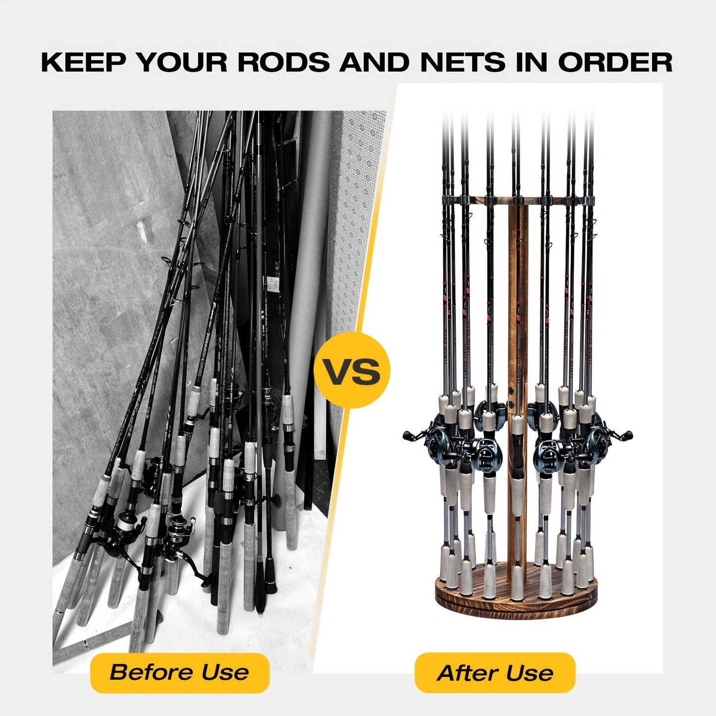 Fishing Rod Rack Holds 16 Rods - Circular Wooden Pole Holder with 360° Rotating Base Option - Space-Saving Wall-Free Fishing Rod Organizer for Garage, Basement & Home Storage