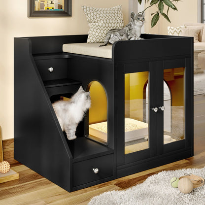 Cat Litter Box Enclosure Furniture Hidden Cabinet with LED Light & 2 Drawers – MDF Indoor Cat House Side Table with Acrylic Door, Stair Steps & 110 lb Capacity, Gray White Black
