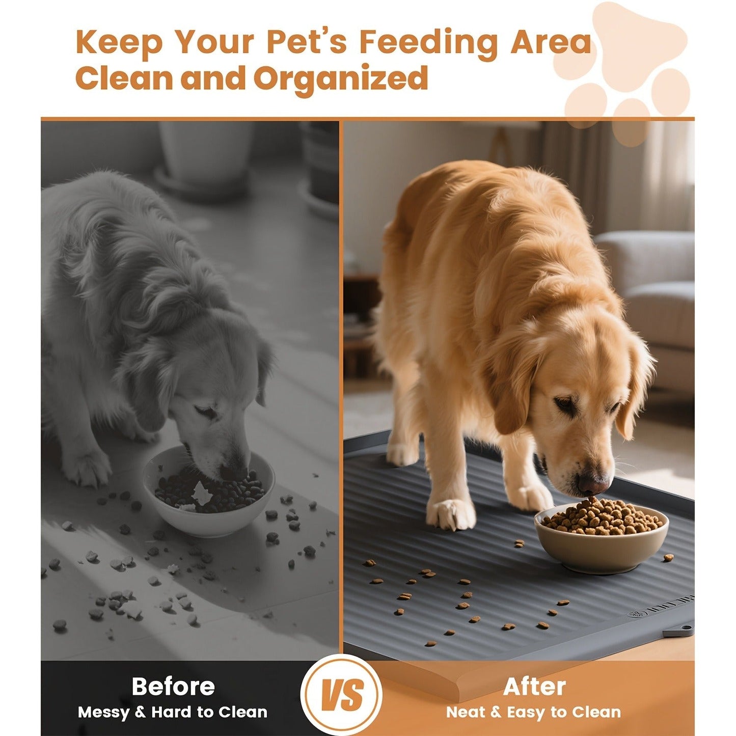Waterproof Pet Feeding Mat 36"x24" Non-Slip Dog Bowl Mat with Raised Edges & Diversion Grooves - Large Food and Water Mat for Dogs & Cats, Easy-Clean Floor Protector, Grey