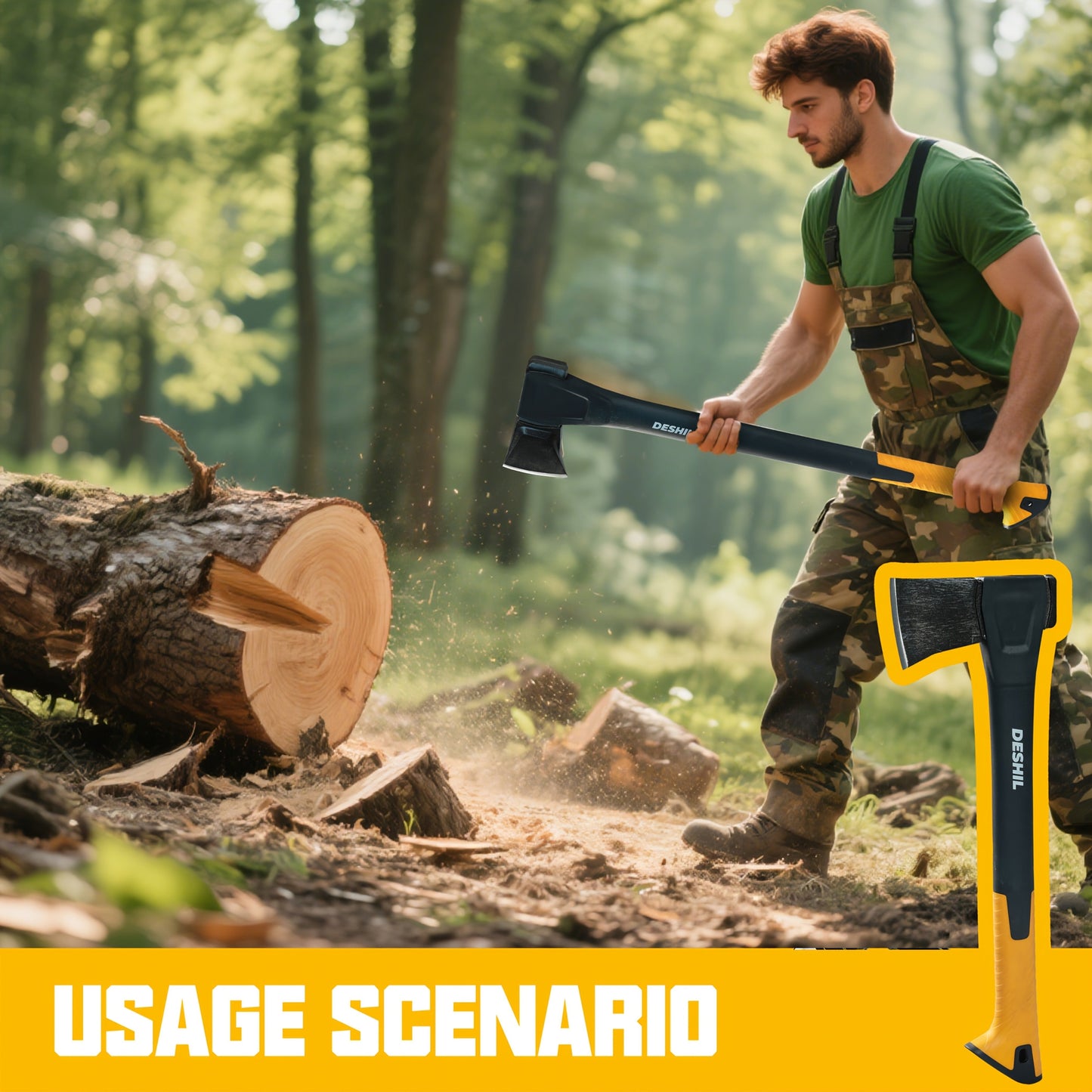 Carbon Steel Camping Hatchet Wood Splitting Axe – Teflon-Coated Forged Steel Blade, Shock-Absorbing Fiber Handle, Anti-Rust & Non-Slip, 4 Sizes (14"/18"/24"/28") for Camping, Firewood & Gardening