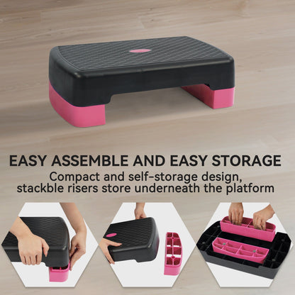 Aerobic Step Platform Adjustable Height with 2 Risers – Non-Slip Workout Stepper 18"x11", 440 LB Capacity, Space-Saving Design for Home Gym Cardio, Strength & Toning, 4 Color Options