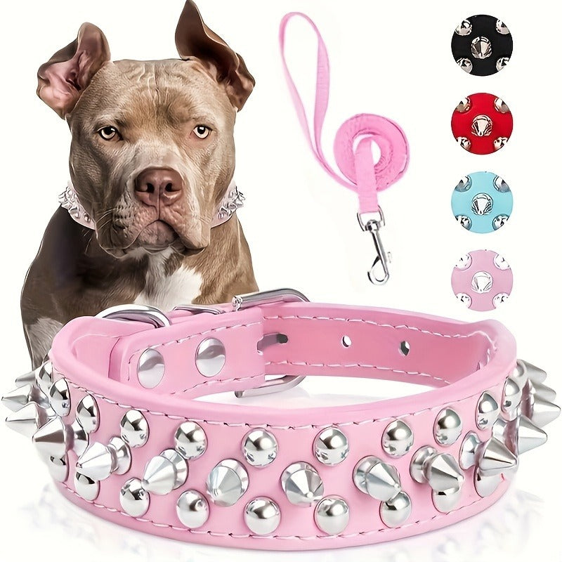 Rivet Dog Collar Bite Resistant with Leash Set, Heavy Duty Metal Buckle Pet Collar for Medium Large Dogs, Adjustable Sizes XS–XXL, Black Pink Red Blue Purple