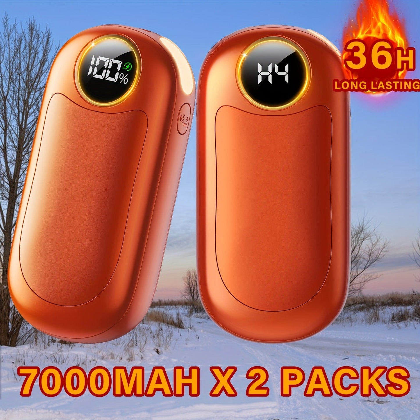 Rechargeable Hand Warmers 2 Pack – Dual-Sided Electric Pocket Heater with Power Bank & LED Light, 36Hrs Warmth, 4 Heat Levels, Portable Reusable Handwarmer Gift for Men & Women, Deep Black / Orange