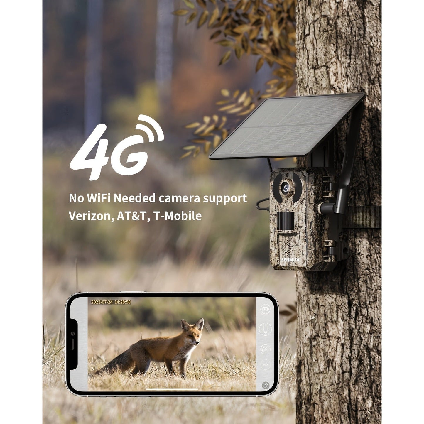 Solar Powered Trail Camera 4K Cellular - 4G LTE No WiFi, 0.2s Trigger, 82ft Night Vision, 120° Wide Angle, Built-in SIM Card for Hunting & Wildlife