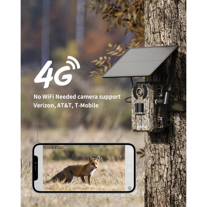 Solar Powered Trail Camera 4K Cellular - 4G LTE No WiFi, 0.2s Trigger, 82ft Night Vision, 120° Wide Angle, Built-in SIM Card for Hunting & Wildlife