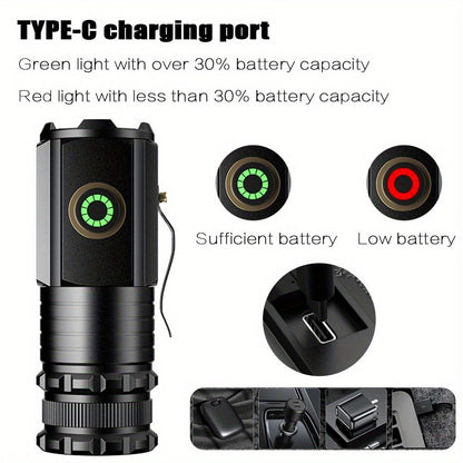 2000 Lumens Mini EDC Flashlight – Rechargeable 18650 Lithium Type-C, 4 Dimming Modes & Turbo, 300M Beam, Compact Pocket Torch for Camping, Hiking & Emergencies (Short/Long, Black/Classic)