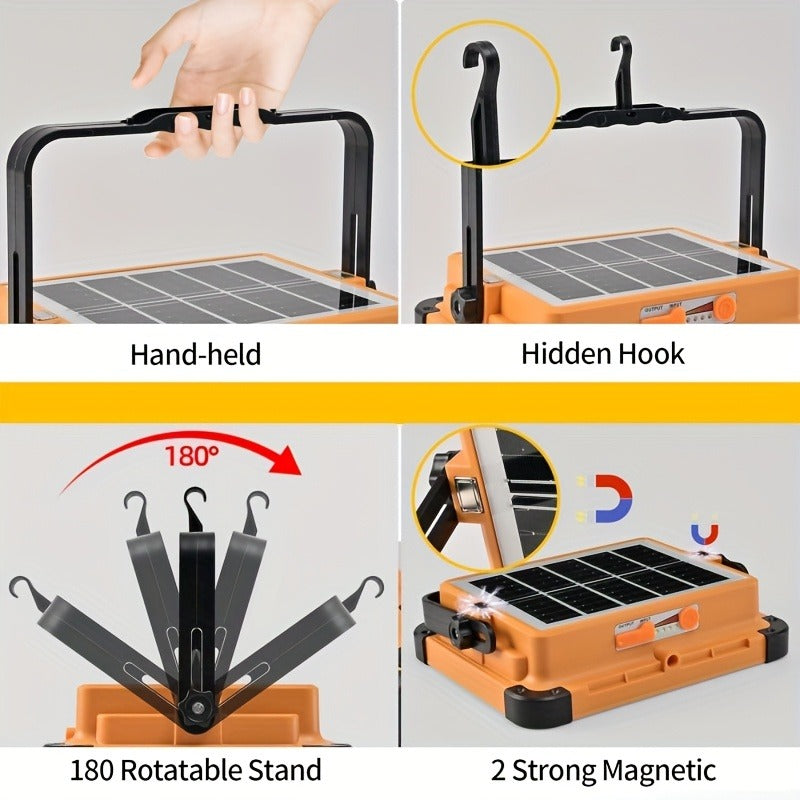 Solar LED Work Light with Magnetic Hook – 2000 Lumen Rechargeable Camping Light, Adjustable Brightness, Solar & USB-C Dual Charging, Waterproof Portable Hanging Lamp for Camping, Hiking, Garage & Emergency, 1/2/6/10 Pack