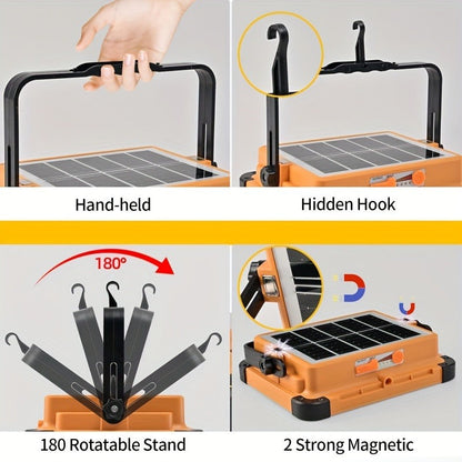 Solar LED Work Light with Magnetic Hook – 2000 Lumen Rechargeable Camping Light, Adjustable Brightness, Solar & USB-C Dual Charging, Waterproof Portable Hanging Lamp for Camping, Hiking, Garage & Emergency, 1/2/6/10 Pack