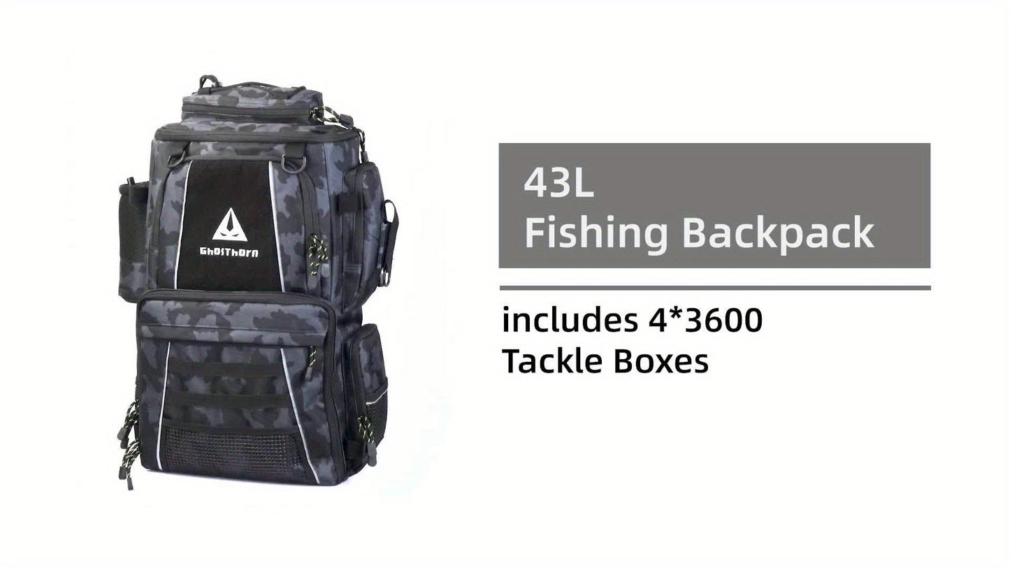 Large Fishing Tackle Bag with 4 Tackle Boxes – 43L Backpack with Rod Holder, Detachable Waist Pack & Gear Storage for Men Women | Black, Khaki & Camo