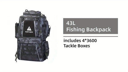 Large Fishing Tackle Bag with 4 Tackle Boxes – 43L Backpack with Rod Holder, Detachable Waist Pack & Gear Storage for Men Women | Black, Khaki & Camo