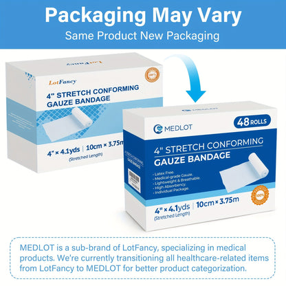 Stretch Gauze Bandage Roll 48 Count Individually Wrapped - 4 Inch x 4 Yards Latex Free Conforming Gauze Wrap for First Aid, Wrist, Knee, Wound Care, Hemostasis & Outdoor Emergency Medical Supplies