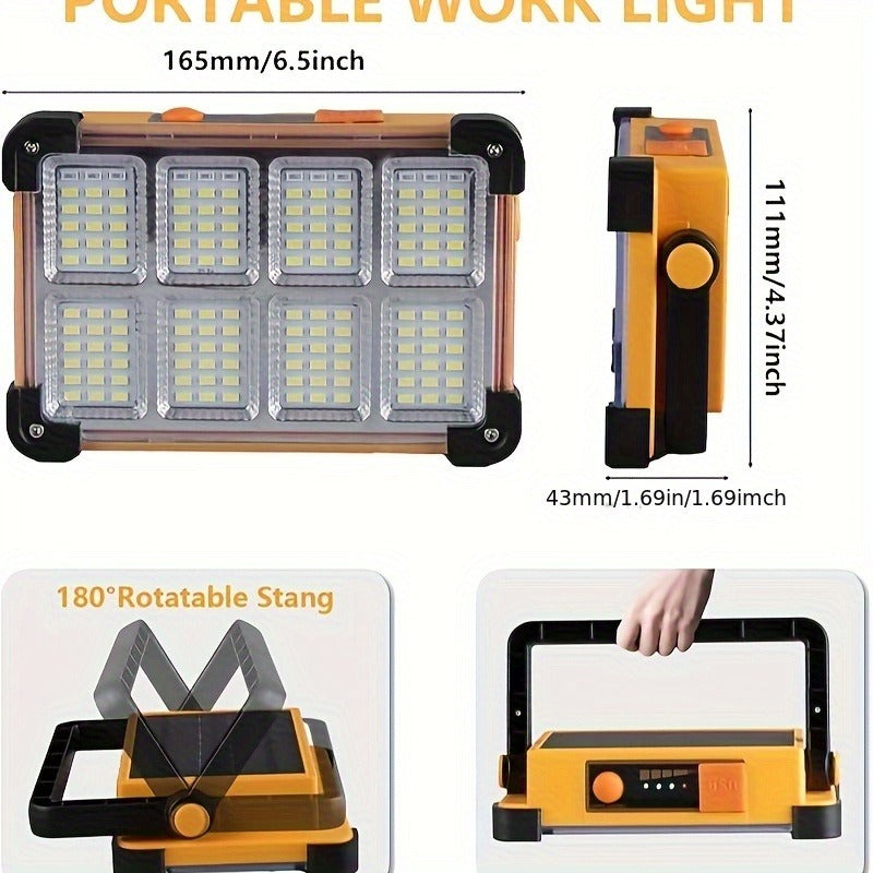 Solar Rechargeable LED Floodlight Flashlight, IP44 Waterproof 4500 Lumens Ultra-Bright Portable Camp Light, USB & Solar Dual Charging 2200mAh, 4 Modes Indoor Outdoor Lighting for Camping, Fishing & Car Maintenance