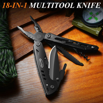 18-in-1 Stainless Steel Multitool Pocket Knife – Pliers, Scissors, Saw, Corkscrew & 9 Screwdrivers with Safety Lock & Nylon Sheath – EDC Multi-Tool for Camping, Hiking & Survival