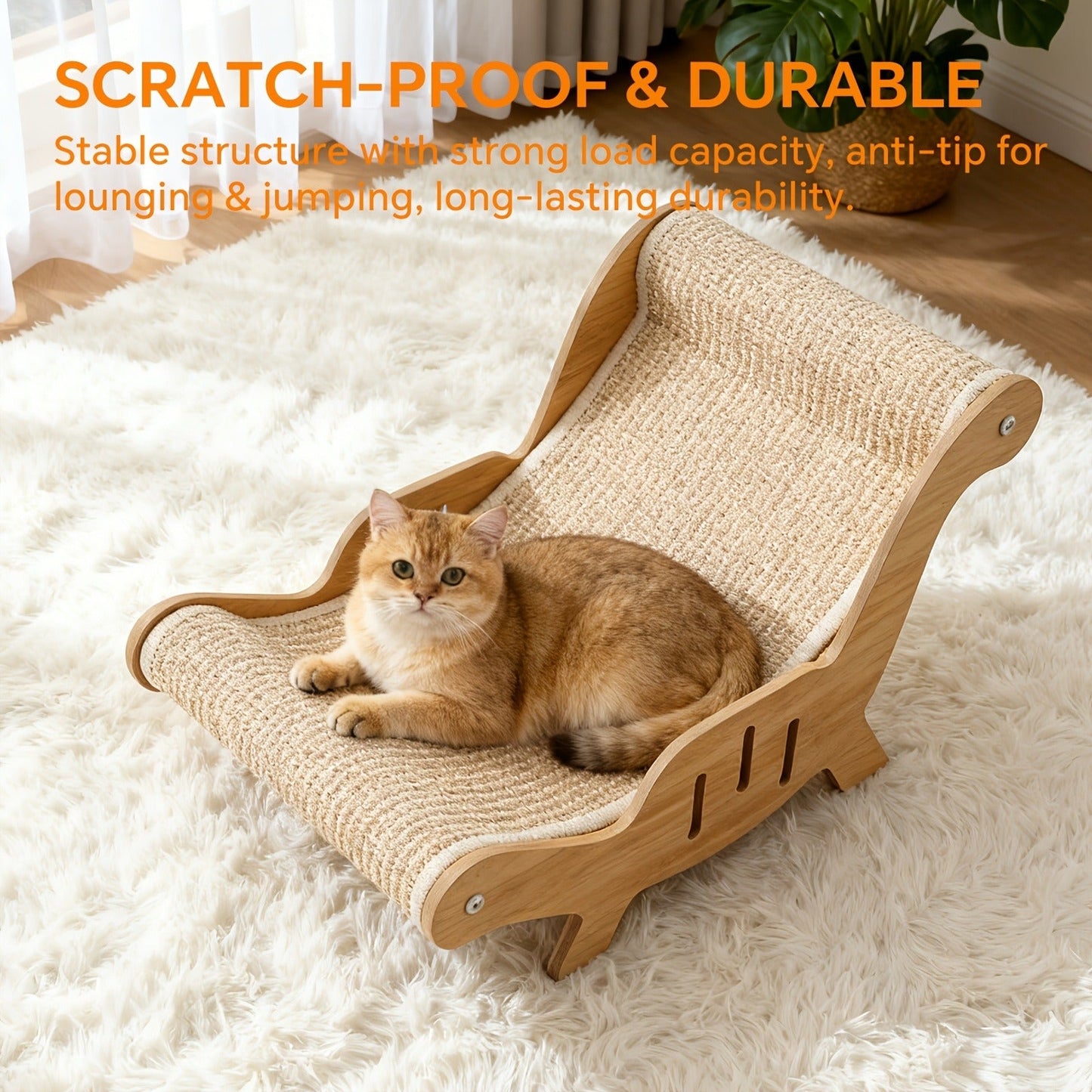 Cat Lounger Chair Elevated Sisal Rope Scratching Bed Wooden Frame Cat Hammock Beach Chair Indoor Nap Lounge Furniture for Cats Kittens Brown