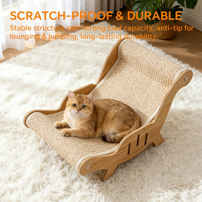Cat Lounger Chair Elevated Sisal Rope Scratching Bed Wooden Frame Cat Hammock Beach Chair Indoor Nap Lounge Furniture for Cats Kittens Brown