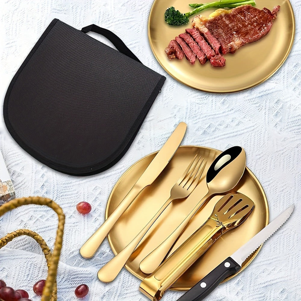 Camping Flatware Set for 4 People 20 Piece, Portable Picnic Tableware Kit with Plates Forks Spoons Knives Bottle Opener Food Tongs, Reusable Outdoor Silverware Set with Zipper Bag for Camping Hiking Travel