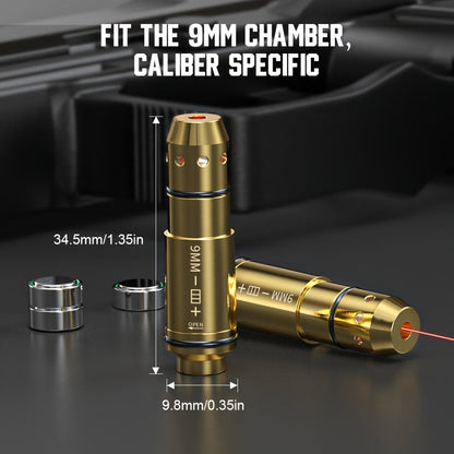 Dry Fire Laser Training Cartridge Multi-Caliber – 9mm 45ACP 223Rem 380ACP 357Sig 308Win 12GA 40Cal 6.5mm 7.62x39 | H59 Brass | Class IIIA Red Laser | Aperture Aiming | Batteries Included