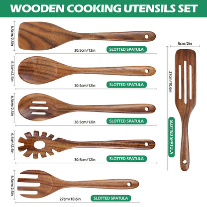 Wooden Cooking Utensils Set 6 Piece – Teak Wood Non-Stick Kitchen Tools with Comfortable Grip | Sturdy, Lightweight & Heat-Resistant Utensils for Indoor & Outdoor Cooking