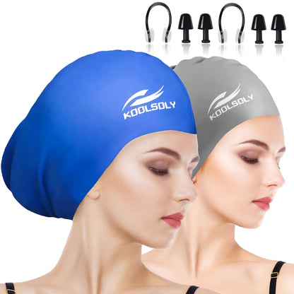 Silicone Swimming Cap 2-Pack – Ear Protection for Long Hair, Includes Earplugs & Nose Clip | Women Men Swim Cap Set