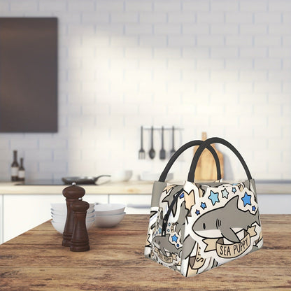 Cooler Bag with Grey Shark Pattern - Portable Reusable Insulated Lunch Bag for Camping, Picnic, Beach, Office, Home & Outdoor Use, Fun Kids & Adults Novelty Cooler Tote, 11 x 6.3 x 6.7 in