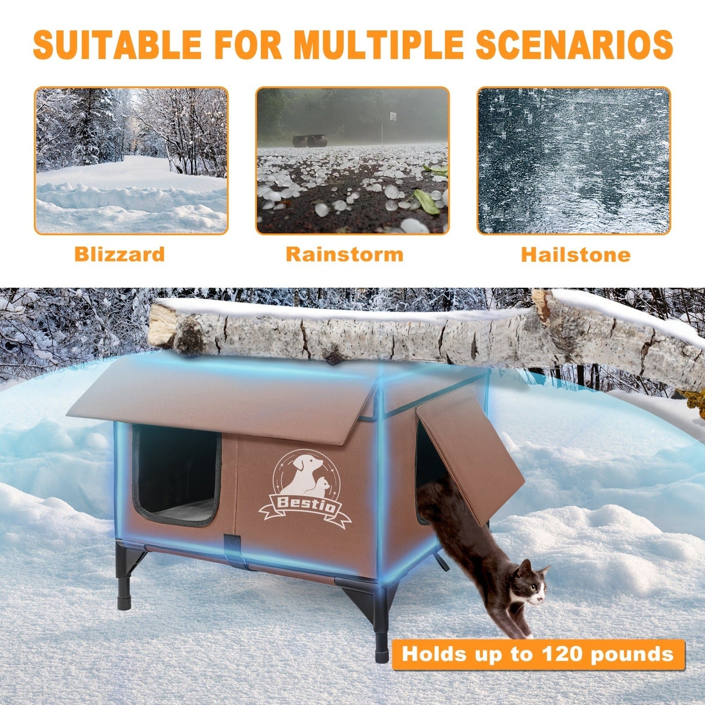 Heated Cat House 3-in-1 with Removable Warming Pad, Elevated Cat Bed for Indoor & Outdoor Cats, Chew-Resistant Cord, Double Door Cat Cave, All-Season Cat Shelter & Condo