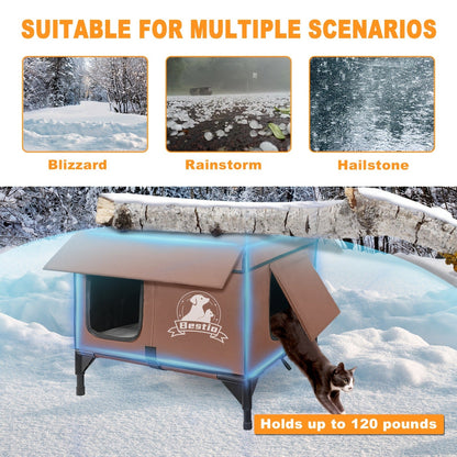 Heated Cat House 3-in-1 with Removable Warming Pad, Elevated Cat Bed for Indoor & Outdoor Cats, Chew-Resistant Cord, Double Door Cat Cave, All-Season Cat Shelter & Condo