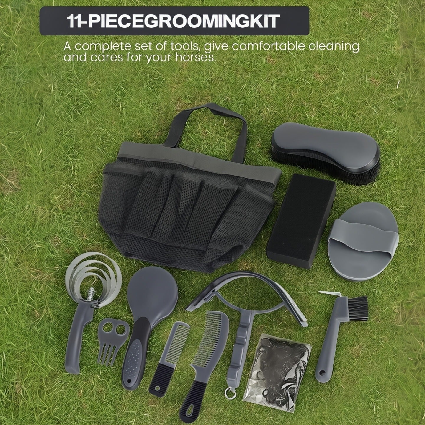 Horse Grooming Kit 11-Piece Set with Storage Bag – Complete Beginner & Daily Care Set with Curry Comb, Reversible Brush & Braiding Tools | SEAOTTER Professional Equine Grooming Supplies, Black