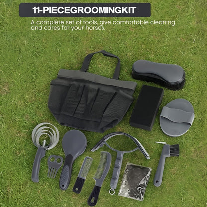 Horse Grooming Kit 11-Piece Set with Storage Bag – Complete Beginner & Daily Care Set with Curry Comb, Reversible Brush & Braiding Tools | SEAOTTER Professional Equine Grooming Supplies, Black