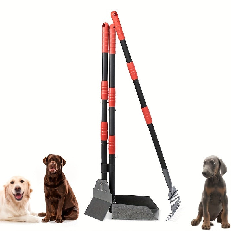 Dog Pooper Scooper Set - Stainless Steel Tray & Rake with Adjustable Long Handle, Rust-Proof Durable Pet Waste Removal Tool, Easy to Clean, Ideal for All Dog Breeds, Yard & Outdoor Use