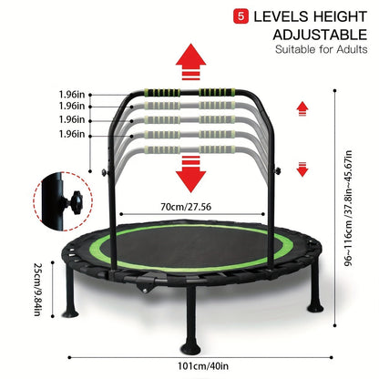 Rebounder Mini Trampoline 40 Inch Foldable with Adjustable Foam Handles - Bungee Elastic Strap Design, Thick Steel Frame, 600 lbs Capacity, Quiet Indoor Outdoor Fitness Trampoline, Green Red Blue