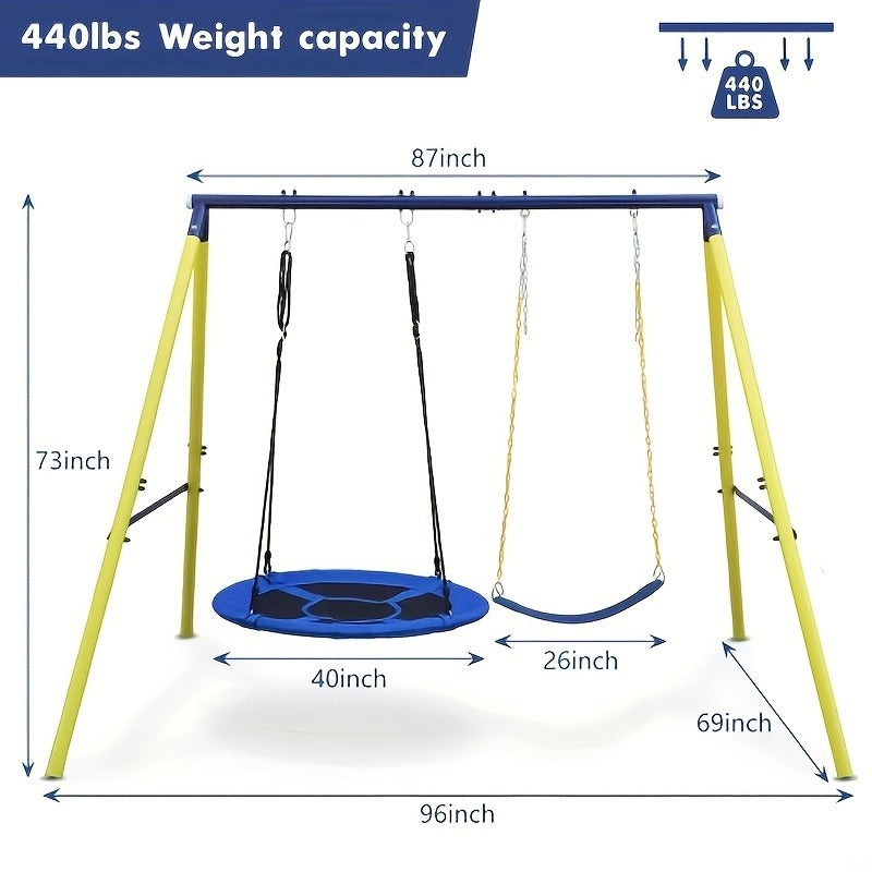 Heavy Duty A-Frame Metal Swing Set for Backyard with 2 Swings Slide Glider Seesaw Disc Seat Outdoor Playset for Kids Toddlers Backyard Play Structure