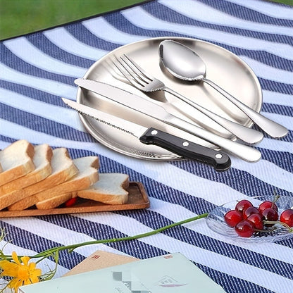 Camping Mess Kit 24pcs Stainless Steel Cutlery Set for 4 – Plates, Spoons, Forks, Serrated Knives & Cloth Napkins – Portable Dinnerware for Backpacking, Hiking & Picnic