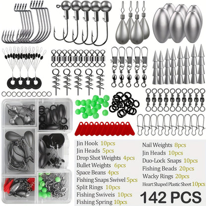 Fishing Tackle Kit 142/206/318 Pcs - Hooks, Jigs, Weights, Swivels, Beads & Connectors for Freshwater & Saltwater Bass Trout Fishing