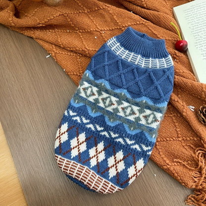 Cable Knit Dog Sweater Turtleneck - Thick Warm Winter Pet Pullover with Fair Isle Pattern, Cozy Cold Weather Knitwear for Small Medium Large Dogs & Cats, Outdoor Dog Clothes XS-XL, Beige & Blue