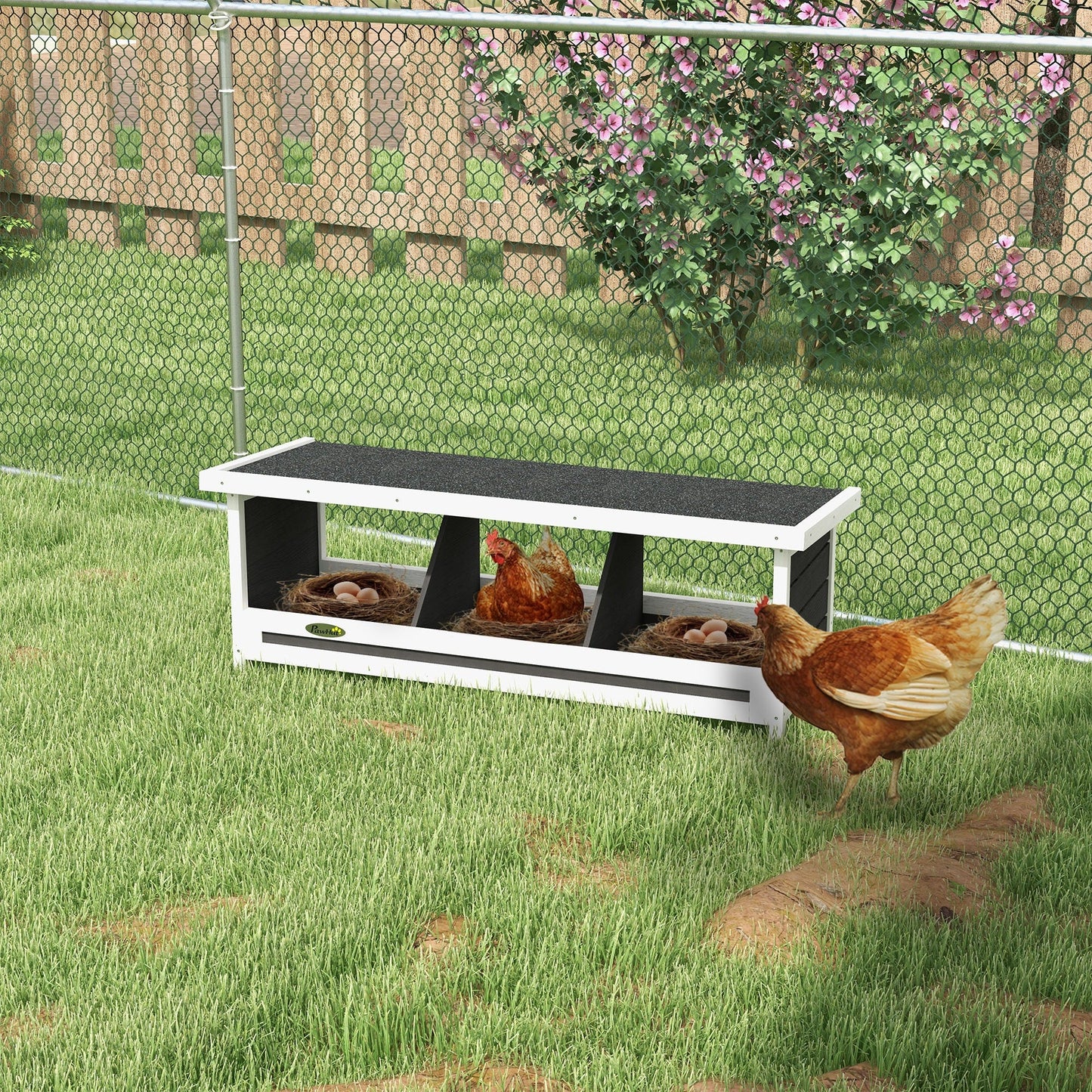 Chicken Nesting Box 3 Hole Wood Laying Box with Asphalt Roof for Hens, Indoor Outdoor Chicken Coop Nesting Boxes Fits Up to 3 Chickens, 37.5" L Weather-Resistant Fir Wood Hen House, Gray