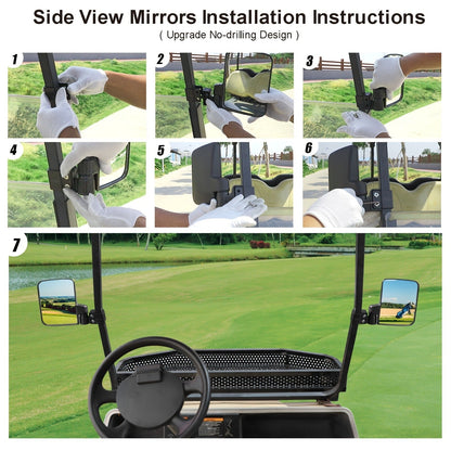 Golf Cart Mirror Set Convex Wide Angle Rotatable Side & Panoramic Rear View Mirrors – Fits Yamaha, EZGO, Club Car & Most Golf Carts, 0.75"-1.25" Square Frame, Real Glass, ABS Housing, Easy Install