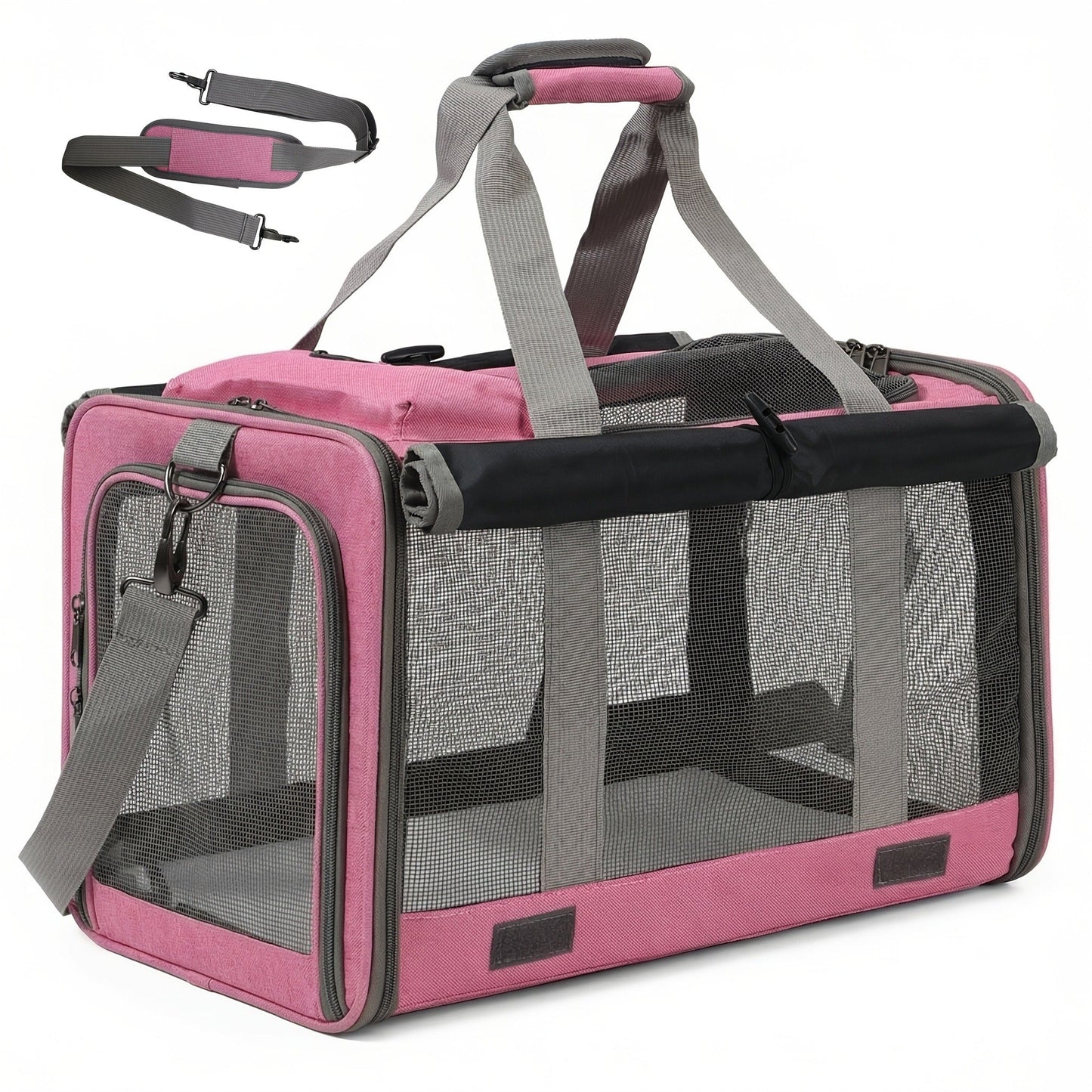 Airline Approved Pet Carrier Soft Sided Collapsible for Cats & Small Dogs - Breathable Oxford Cloth Travel Bag with Zipper Closure, Privacy Cover & Combo Set with Collar Leash Harness, Blue Pink Grey Green Beige