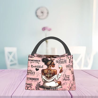 Insulated Lunch Bag with Black Girl Wine Tasting Pattern - Portable Reusable Cooler Bag for Camping, Picnic, Beach, Office & Outdoor Use, Perfect Birthday & Holiday Gift for Women, 10.6 x 6.3 x 6.7 in