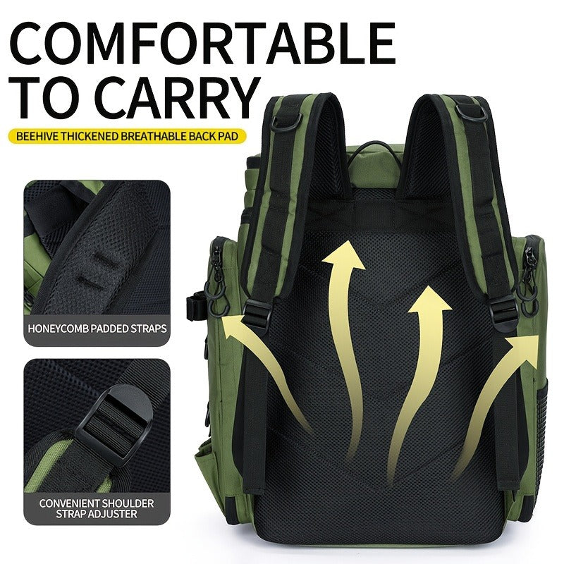 Fishing Backpack with Rod Holder 45L – Large Capacity Outdoor Tackle Bag, Waterproof Travel Shoulder Pack for Fishing Camping Hiking, Multi-Pocket Lure Storage Rucksack with Zipper Closure