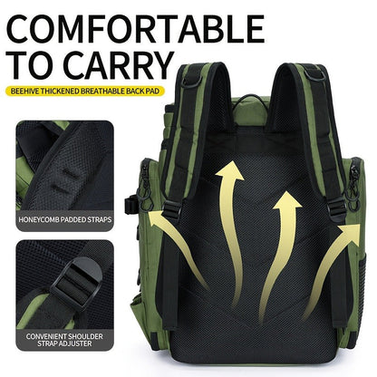 Fishing Backpack with Rod Holder 45L – Large Capacity Outdoor Tackle Bag, Waterproof Travel Shoulder Pack for Fishing Camping Hiking, Multi-Pocket Lure Storage Rucksack with Zipper Closure