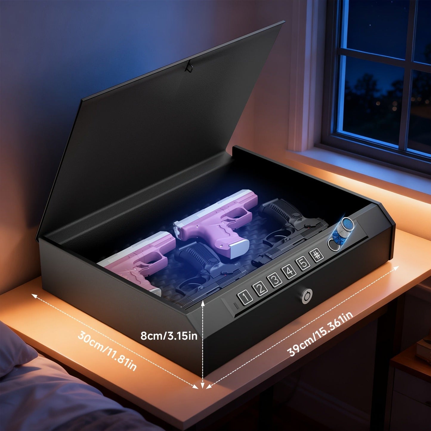 Biometric Gun Safe Fingerprint Digital PIN & Key Unlock 3-Way Access Internal Light Silent Mode Emergency Power Supply Gun Lock Box for Home Bedroom Nightstand Car
