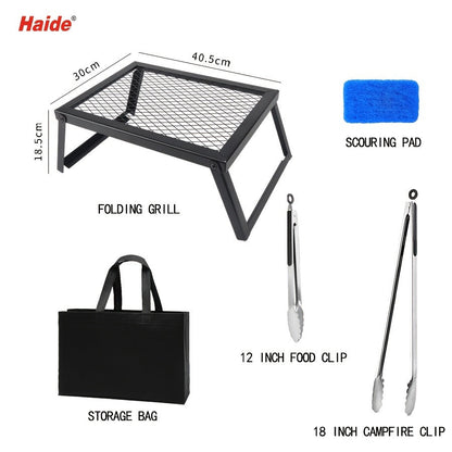 Portable Camping Bonfire Grill with Storage Bag – Heavy Duty Iron Barbecue Rack for Outdoor Picnic, RV Party & Firewood Heating, Includes Food Clips and Cleaning Cloths, Great Men's Gift