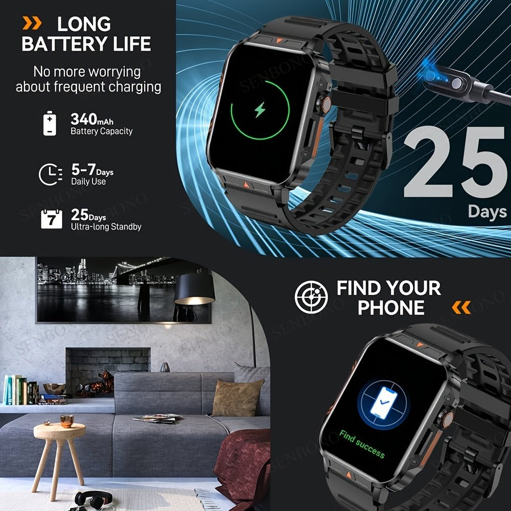 Smartwatch with Wireless Calling – 1.95" HD Display, 100+ Sport Modes, IP68 Waterproof, Step & Calorie Tracker | SENBONO Men & Women