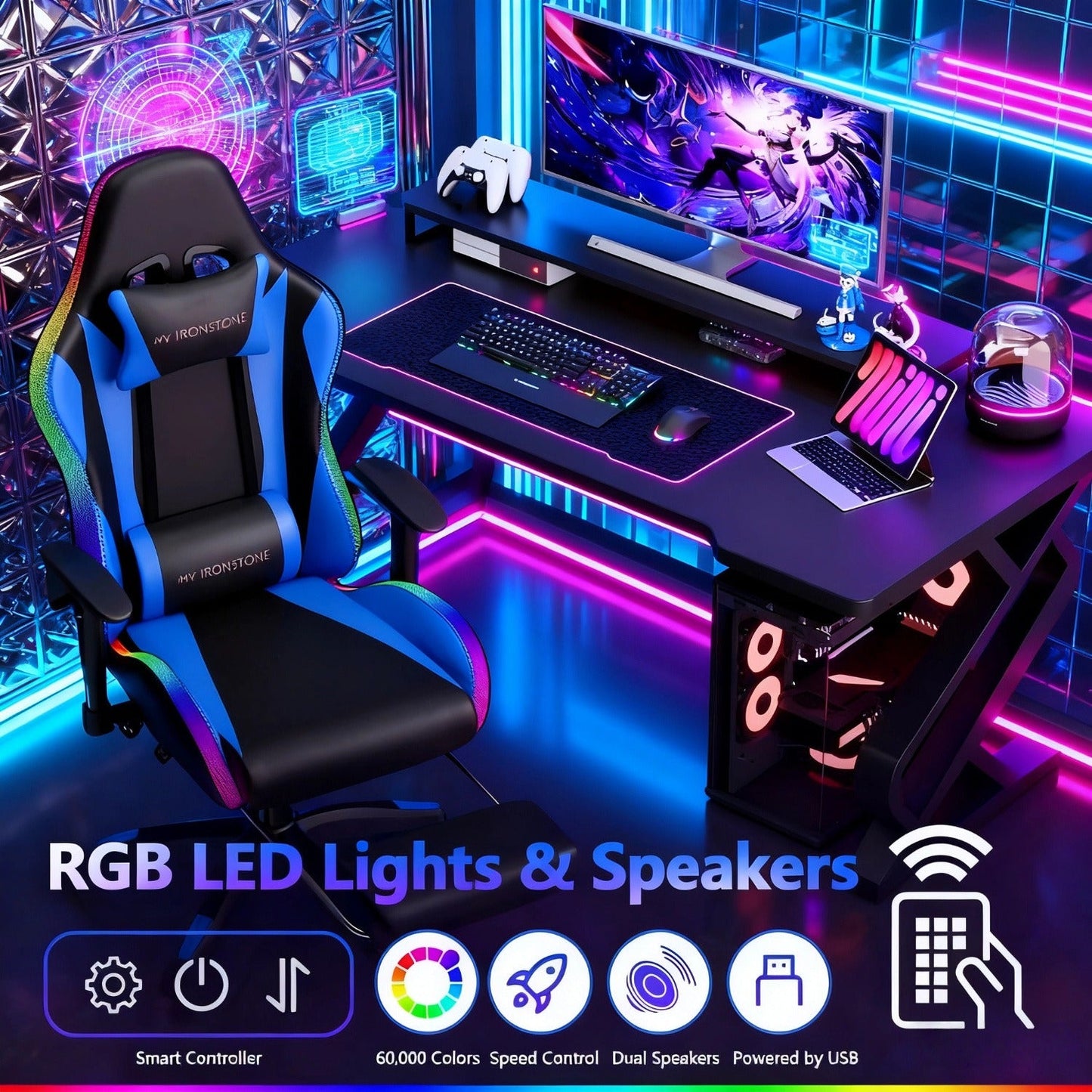Gaming Chair with Massage and Bluetooth Speaker – RGB LED Lights, 135° Reclining with Footrest, 7-Point Vibration, 3D Adjustable Arms, 360° Swivel, Heavy Duty 400 lbs Big & Tall Ergonomic Chair, Blue Black