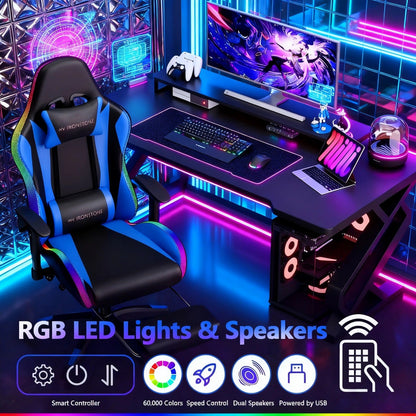 Gaming Chair with Massage and Bluetooth Speaker – RGB LED Lights, 135° Reclining with Footrest, 7-Point Vibration, 3D Adjustable Arms, 360° Swivel, Heavy Duty 400 lbs Big & Tall Ergonomic Chair, Blue Black