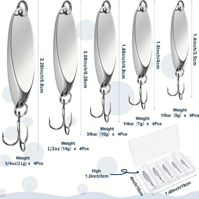 Metal Spoon Fishing Lure Heavy-Duty Holographic – 5 Sizes 1/5 to 3/4oz Saltwater & Freshwater Spinnerbait with Treble Hooks for Salmon, Trout, Bass, Pike, Tuna & Mackerel – Hard Casting Spoon