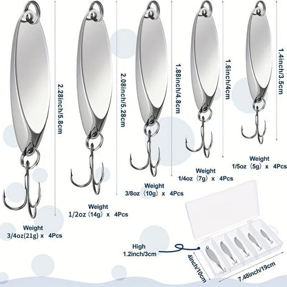 Metal Spoon Fishing Lure Heavy-Duty Holographic – 5 Sizes 1/5 to 3/4oz Saltwater & Freshwater Spinnerbait with Treble Hooks for Salmon, Trout, Bass, Pike, Tuna & Mackerel – Hard Casting Spoon