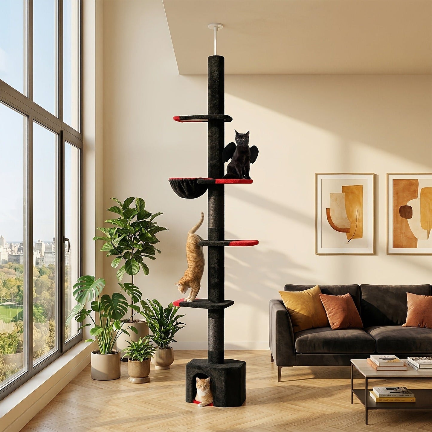 Floor to Ceiling Cat Tree Tower 90–107" – 4-Tier Tall Adjustable Cat Climbing Post with Tension Rod | Ceiling-Mounted Stable Cat Activity Center for Indoor Cats, Multiple Colors