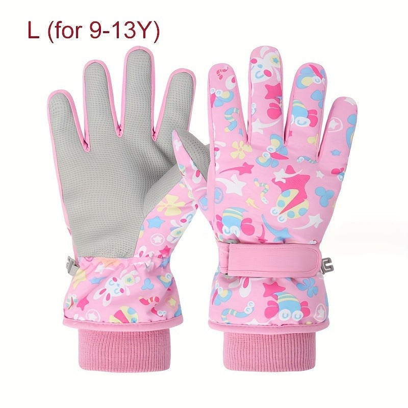 Kids Ski Gloves Winter Plus Velvet Warm – Boys & Girls Snow Play Gloves Ages 4-13, Windproof Polyester with Plush Lining, Sizes M (7-9Y) & L (9-13Y), Navy Blue, Black & Pink